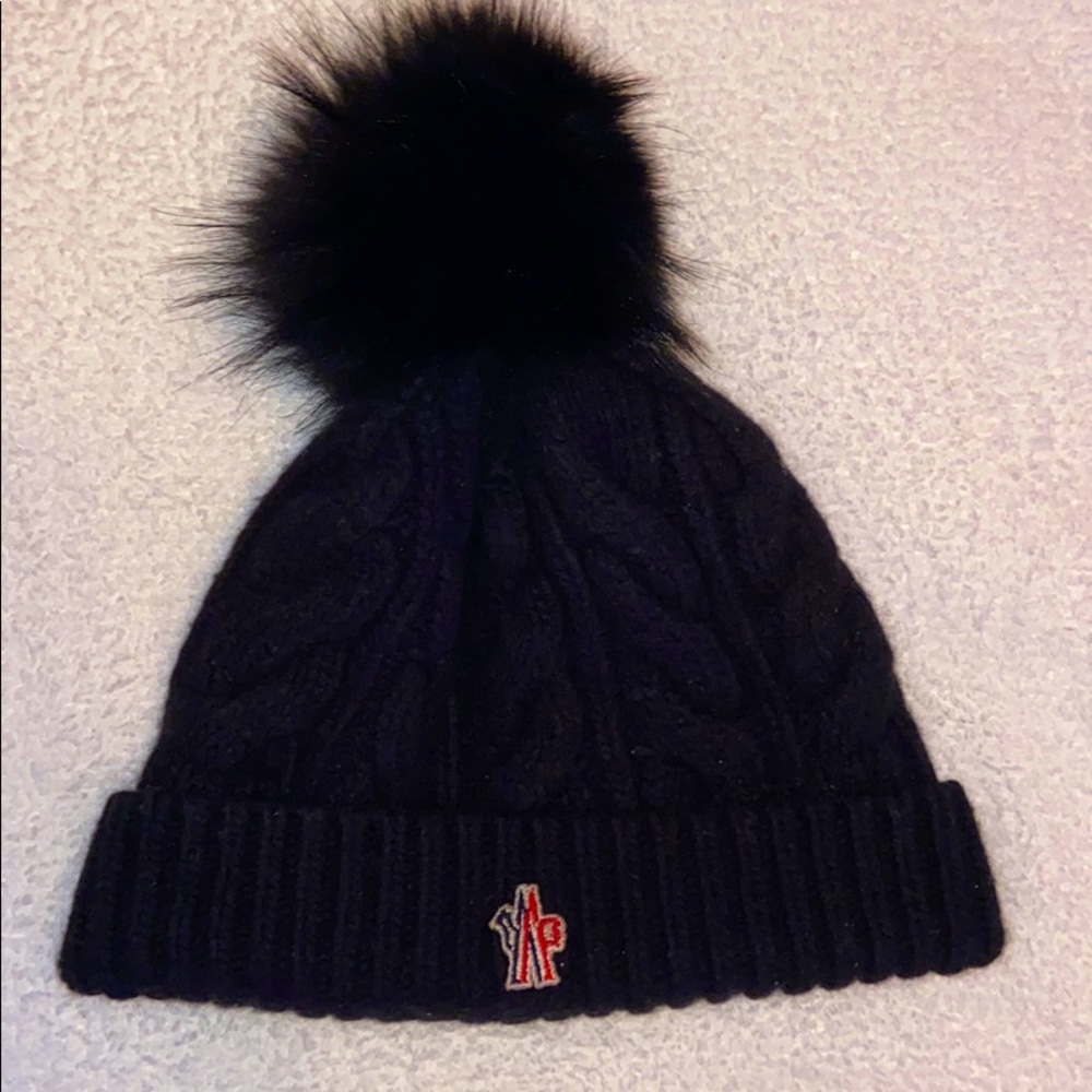 Moncler black beanie hat with Pom Pom.